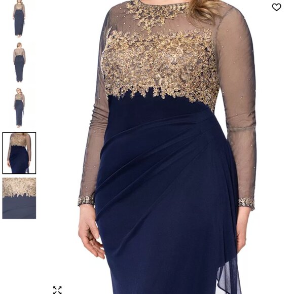 NWT XSCAPE Gold Embroidered Illusion Navy Blue Gown Size 20W - Picture 1 of 14
